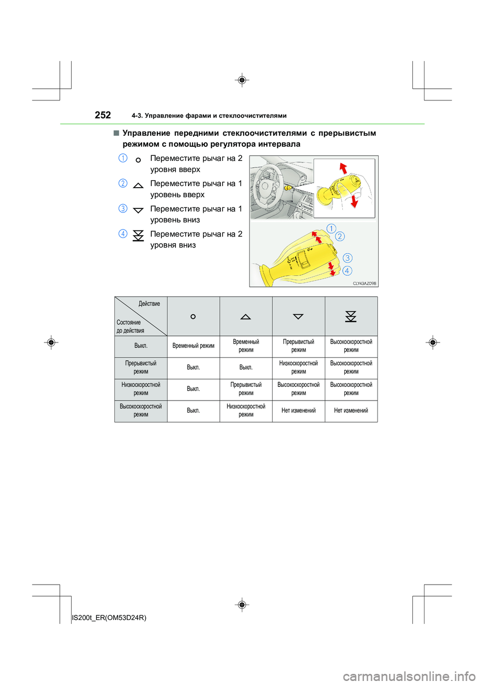 Lexus IS200t 2016  Инструкция по эксплуатации (in Russian) 2524-3. Управление  фарами  и  стеклоочистителями
IS200t_ER(OM53D24R)
■Управление  передними  стеклоочистителями  с  прер