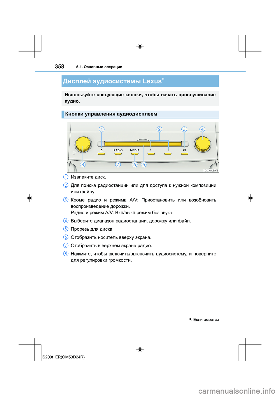 Lexus IS200t 2016  Инструкция по эксплуатации (in Russian) 358
IS200t_ER(OM53D24R)
5-1. Основные  операции
Дисплей  аудиосистемы  Lexus∗
∗: Если  имеется
Используйте  следующие  кнопк