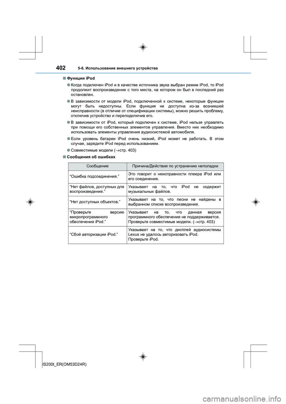Lexus IS200t 2016 Инструкция по эксплуатации (in Russian) 4025-6. Использование внешнего устройства
IS200t_ER(OM53D24R) ■
Функции iPod
● Когда подключен iPod и в качестве источни Lexus IS200t 2016 Инструкция по эксплуатации (in Russian) 4025-6. Использование внешнего устройства
IS200t_ER(OM53D24R) ■
Функции iPod
● Когда подключен iPod и в качестве источни