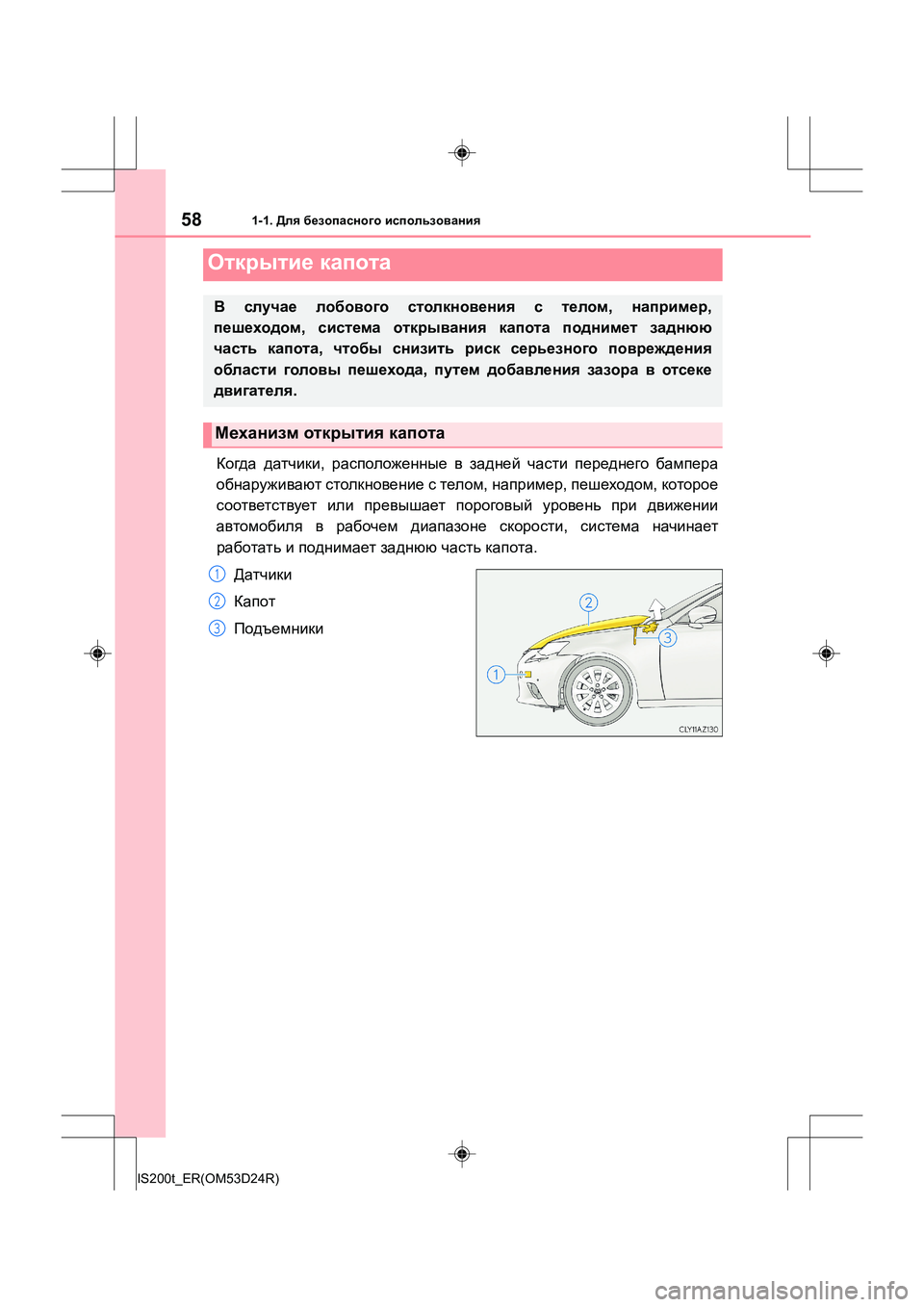 Lexus IS200t 2016  Инструкция по эксплуатации (in Russian) 581-1. Для безопасного  использования
IS200t_ER(OM53D24R)
Когда  датчики , расположенные  в  задней  части  переднего  бамп