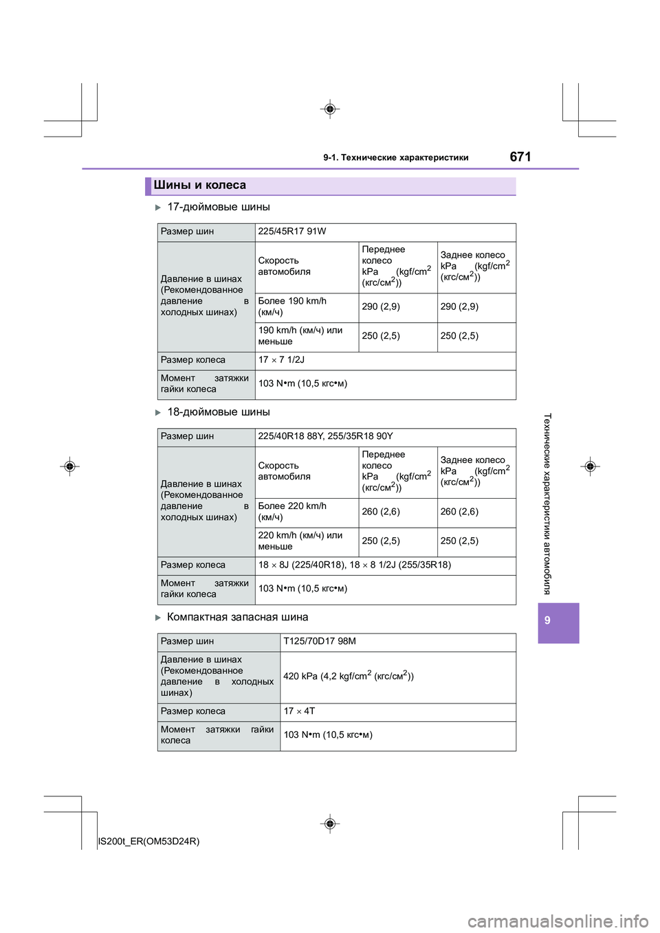 Lexus IS200t 2016  Инструкция по эксплуатации (in Russian) 671
9
9-1. Технические  характеристики
IS200t_ER(OM53D24R)
Технические  характеристики  автомобиля
�X17- дюймовые  шины
�X18- д