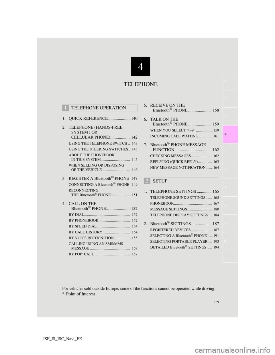 Lexus IS220d 2012  Navigation manual 4
139
1
3
5
6
7
8
9
10
4
2
ISF_IS_ISC_Navi_EE1. QUICK REFERENCE ....................  140
2. TELEPHONE (HANDS-FREE 
SYSTEM FOR 
CELLULAR PHONE)..................  142
USING THE TELEPHONE SWITCH ..  14