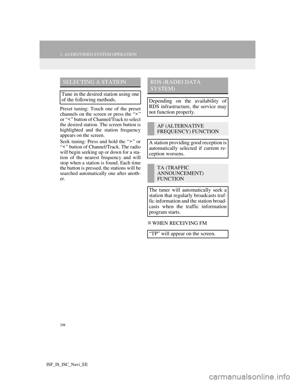 Lexus IS220d 2012  Navigation manual 208
1. AUDIO/VIDEO SYSTEM OPERATION
ISF_IS_ISC_Navi_EE
Preset tuning: Touch one of the preset
channels on the screen or press the “ ”
or “ ” button of Channel/Track to select
the desired stati