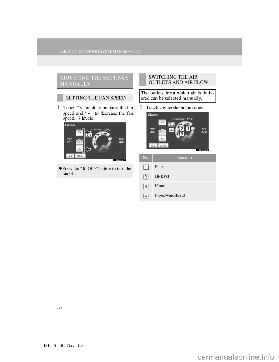 Lexus IS220d 2012  Navigation manual 272
1. AIR CONDITIONING SYSTEM OPERATION
ISF_IS_ISC_Navi_EE
1Touch “ ” on   to increase the fan
speed and “ ” to decrease the fan
speed. (7 levels)1Touch any mode on the screen.
ADJUSTING THE 