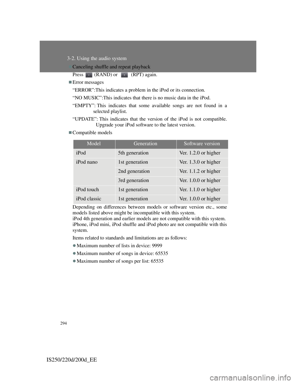 Lexus IS220d 2011 Owners Manual 294
3-2. Using the audio system
IS250/220d/200d_EE
Canceling shuffle and repeat playback
Press (RAND) or (RPT) again.
Error messages
“ERROR”:This indicates a problem in the iPod or its con Lexus IS220d 2011 Owners Manual 294
3-2. Using the audio system
IS250/220d/200d_EE
Canceling shuffle and repeat playback
Press (RAND) or (RPT) again.
Error messages
“ERROR”:This indicates a problem in the iPod or its con