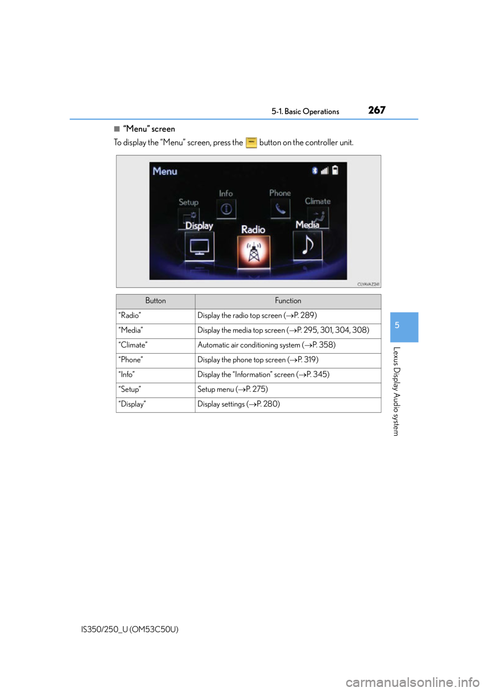 Lexus IS250 2015  Maintenance data (fuel, oil level, etc.) / LEXUS 2015 IS250/350 OWNERS MANUAL (OM53C50U) 2675-1. Basic Operations
5
Lexus Display Audio system
IS350/250_U (OM53C50U)
■“Menu” screen
To display the “Menu” screen, press the   button on the controller unit.
ButtonFunction
“Radio