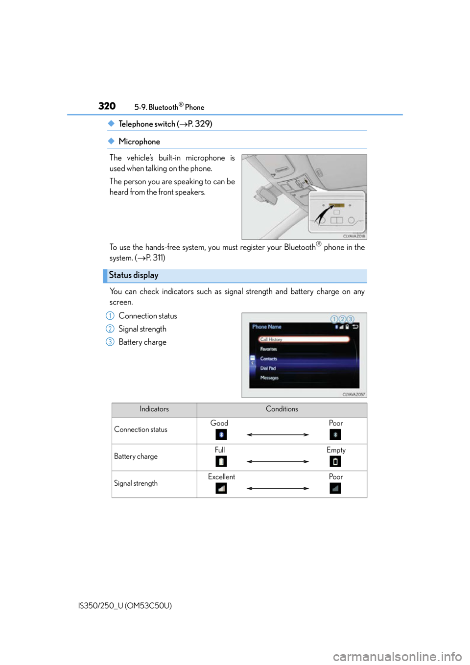 Lexus IS250 2015  Maintenance data (fuel, oil level, etc.) / LEXUS 2015 IS250/350 OWNERS MANUAL (OM53C50U) 3205-9. Bluetooth® Phone
IS350/250_U (OM53C50U)
◆Te l e p h o n e  s w i t c h  ( P.  3 2 9 )
◆Microphone
The vehicle’s built-in microphone is
used when talking on the phone.
The person you 
