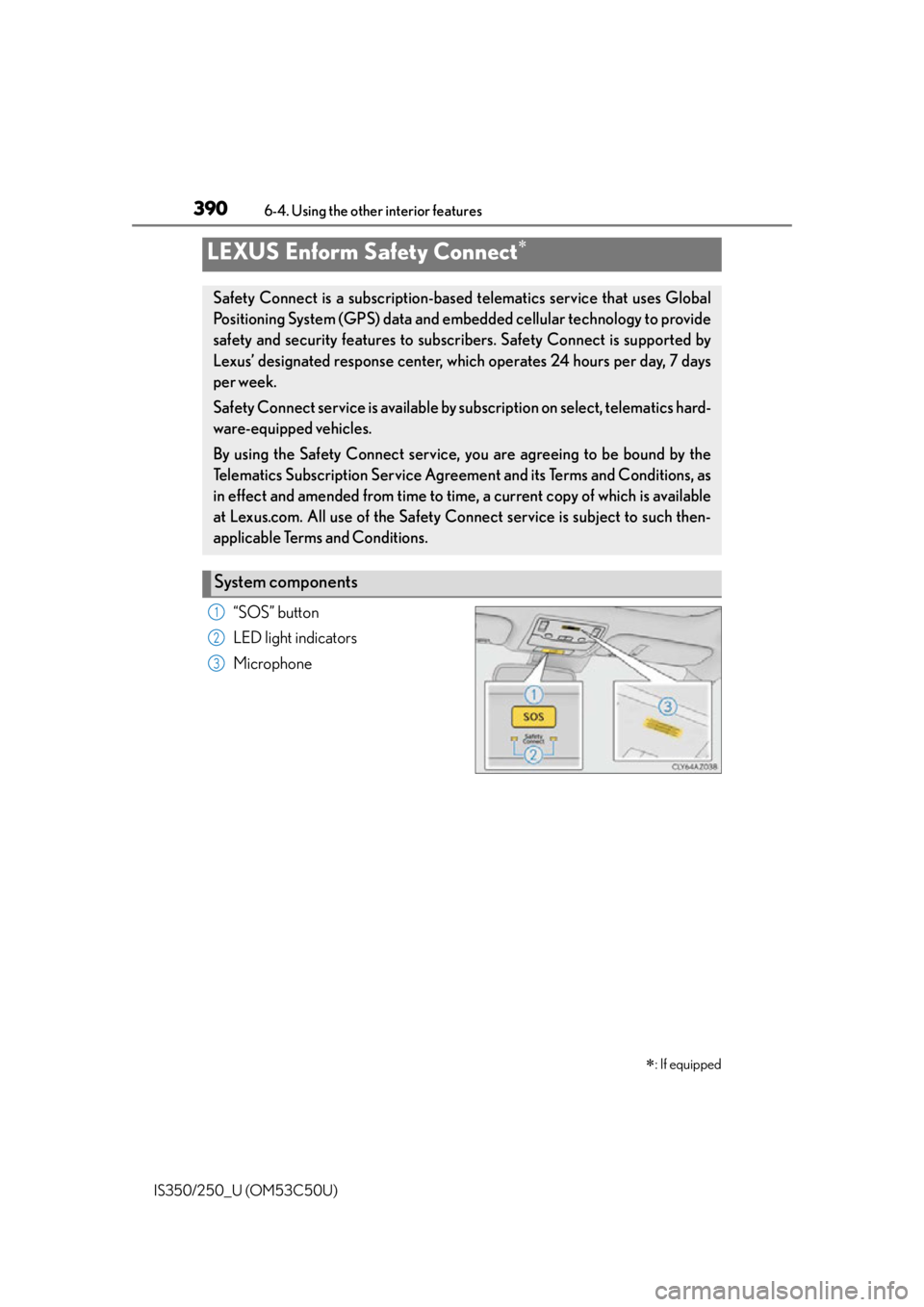 Lexus IS250 2015  Maintenance data (fuel, oil level, etc.) / LEXUS 2015 IS250/350 OWNERS MANUAL (OM53C50U) 3906-4. Using the other interior features
IS350/250_U (OM53C50U)
“SOS” button
LED light indicators
Microphone
LEXUS Enform Safety Connect 
: If equipped
Safety Connect is a subscription-base
