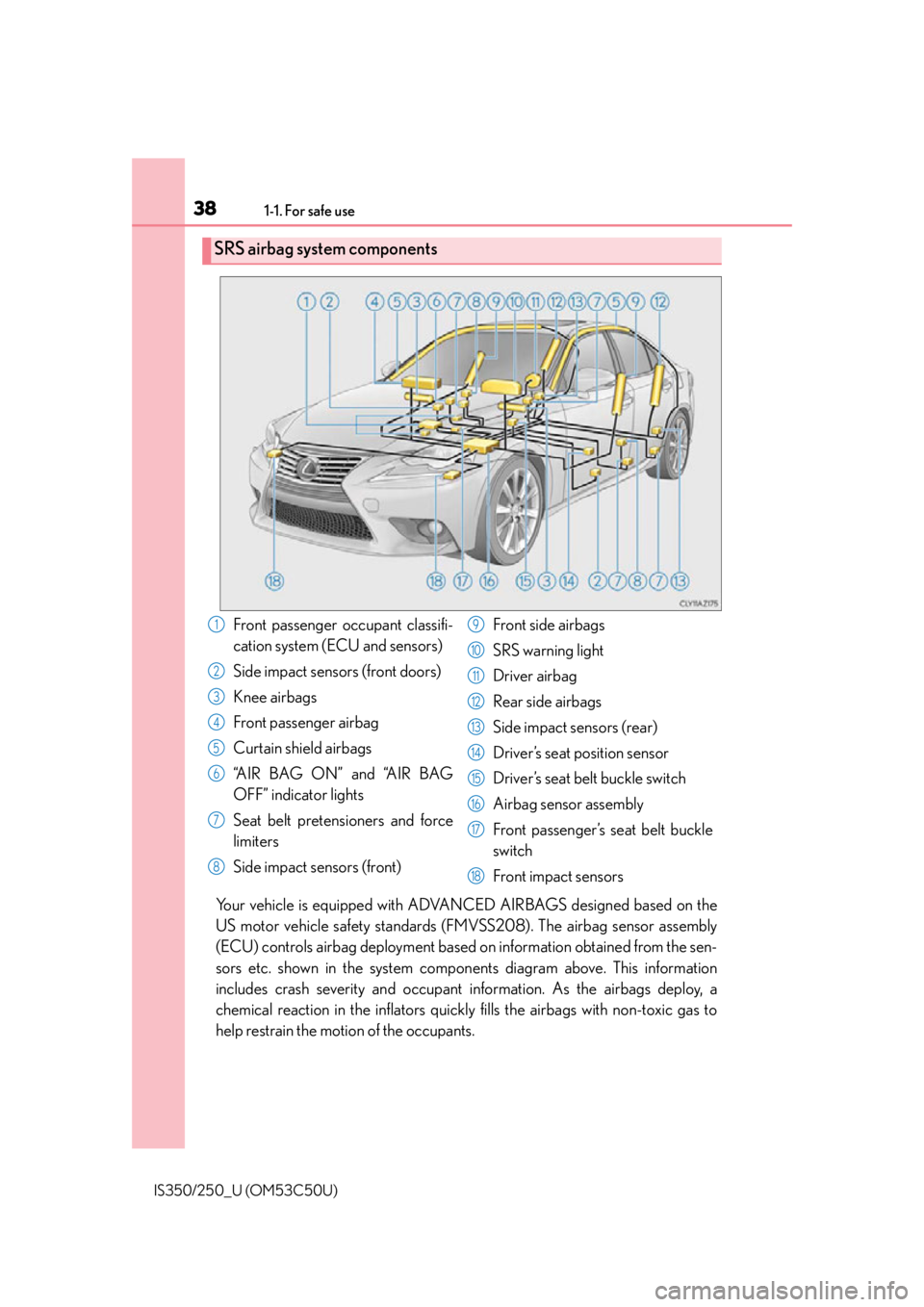 Lexus IS250 2015  Headlight switch / LEXUS 2015 IS250/350 OWNERS MANUAL (OM53C50U) 381-1. For safe use
IS350/250_U (OM53C50U)
Your vehicle is equipped with ADVANCED AIRBAGS designed based on the
US motor vehicle safety standards (FMVSS208). The airbag sensor assembly
(ECU) controls 