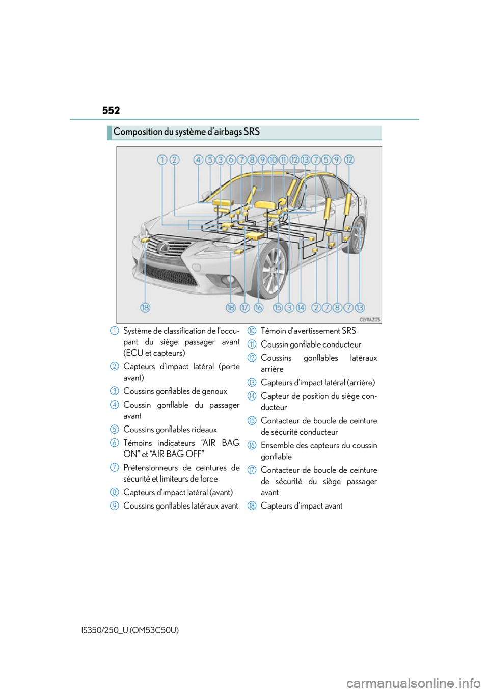 Lexus IS250 2015  Headlight switch / LEXUS 2015 IS250/350 OWNERS MANUAL (OM53C50U) 552
IS350/250_U (OM53C50U)
Composition du système d’airbags SRS
Système de classification de l’occu-
pant du siège passager avant
(ECU et capteurs)
Capteurs d’impact latéral (porte
avant)
Co