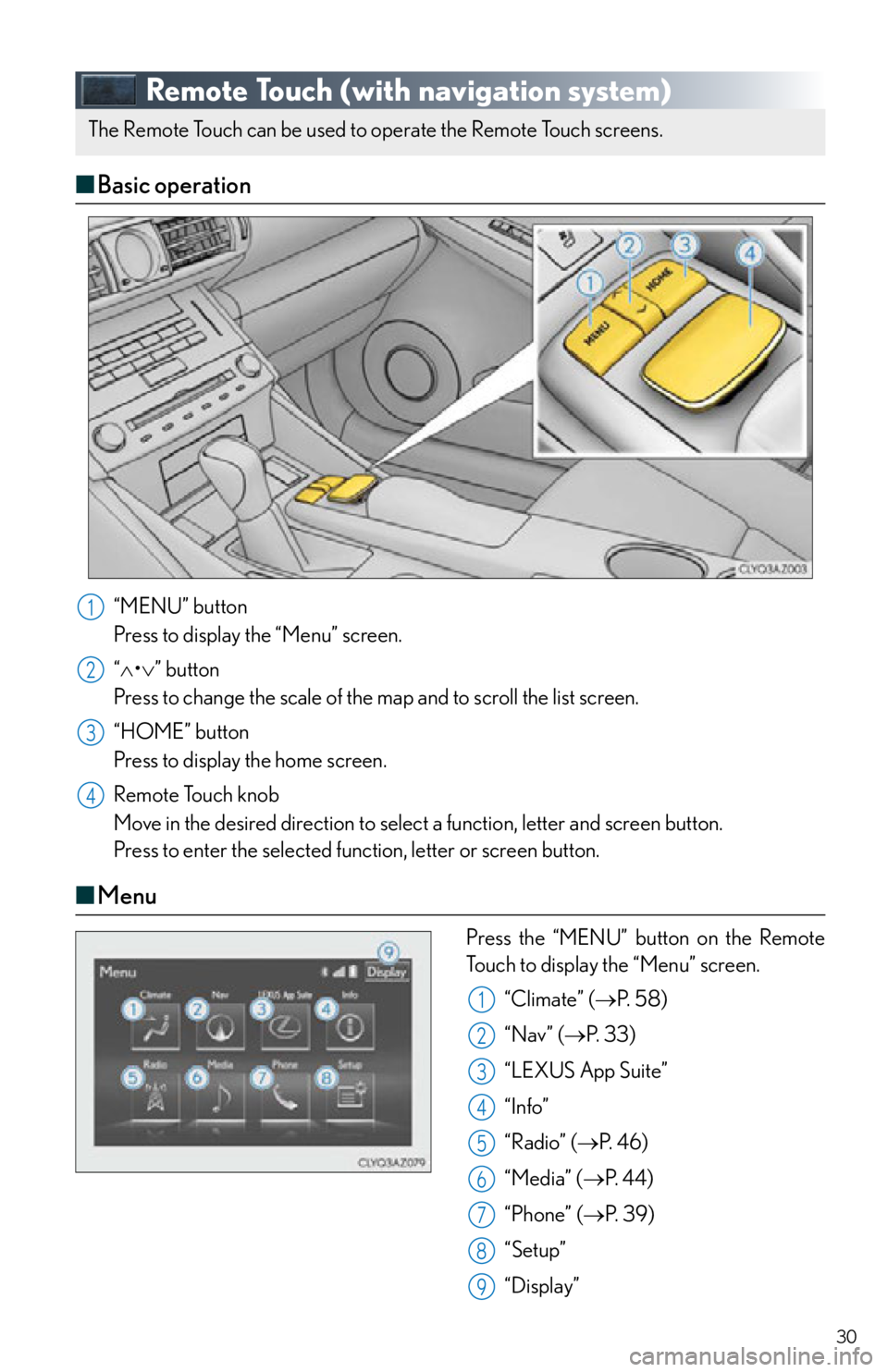 Lexus IS250 2015  VOICE COMMAND SYSTEM OPERATION / LEXUS 2015 IS250,IS350 OWNERS MANUAL QUICK GUIDE (OM53C80U) 30
Remote Touch (with navigation system)
■Basic operation
“MENU” button
Press to display the “Menu” screen.
“ • ” button
Press to change the scale of the map and to scroll the li