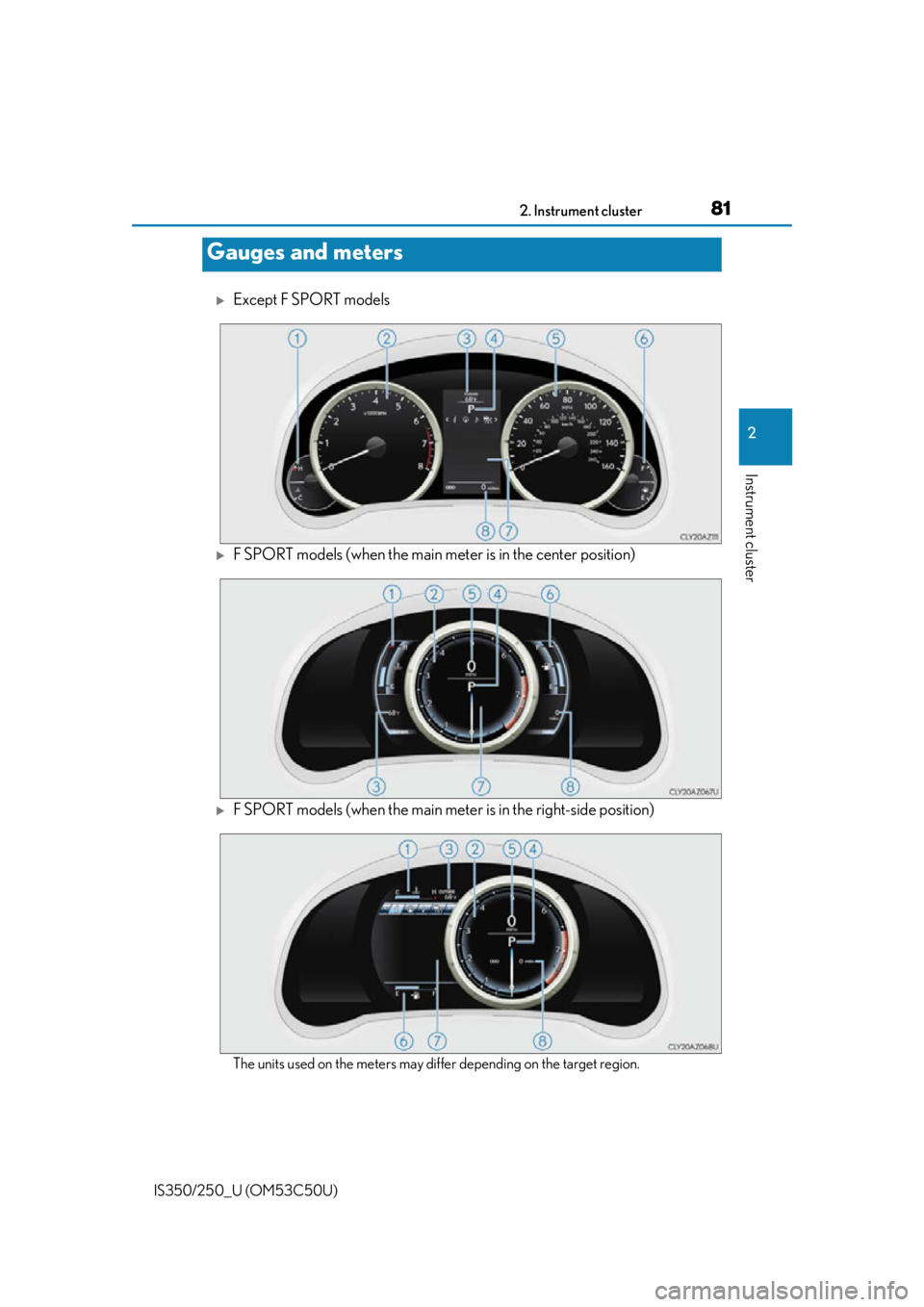 Lexus IS250 2015  INTUITIVE PARKING ASSIST / LEXUS 2015 IS250/350 OWNERS MANUAL (OM53C50U) 812. Instrument cluster
2
Instrument cluster
IS350/250_U (OM53C50U)
Except F SPORT models
F SPORT models (when the main meter is in the center position)
F SPORT models (when the main meter is