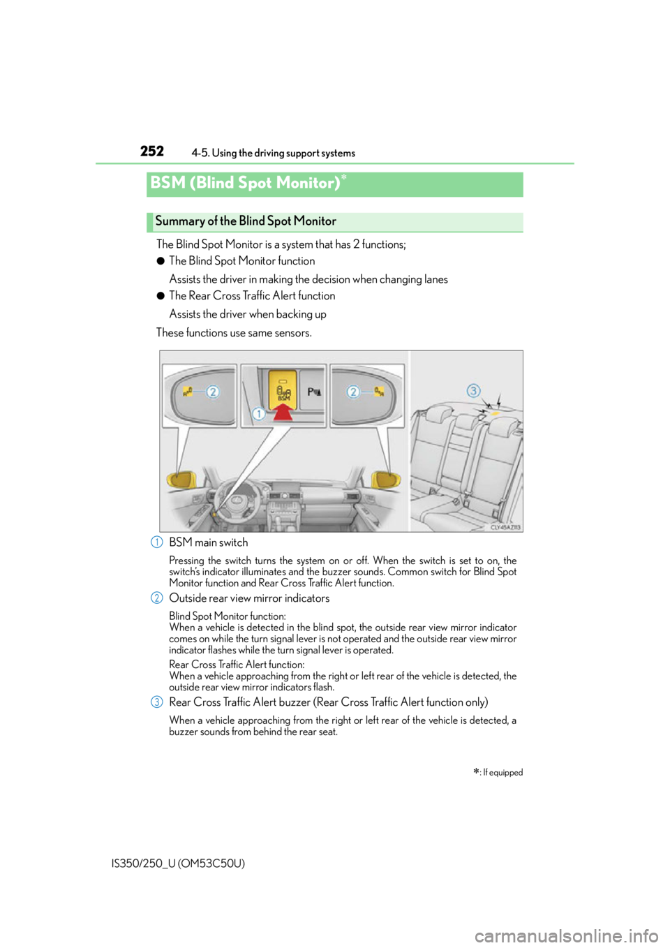 Lexus IS250 2015  Opening the fuel tank cap / LEXUS 2015 IS250/350 OWNERS MANUAL (OM53C50U) 2524-5. Using the driving support systems
IS350/250_U (OM53C50U)
The Blind Spot Monitor is a system that has 2 functions;
●The Blind Spot Monitor function
Assists the driver in making the decision w