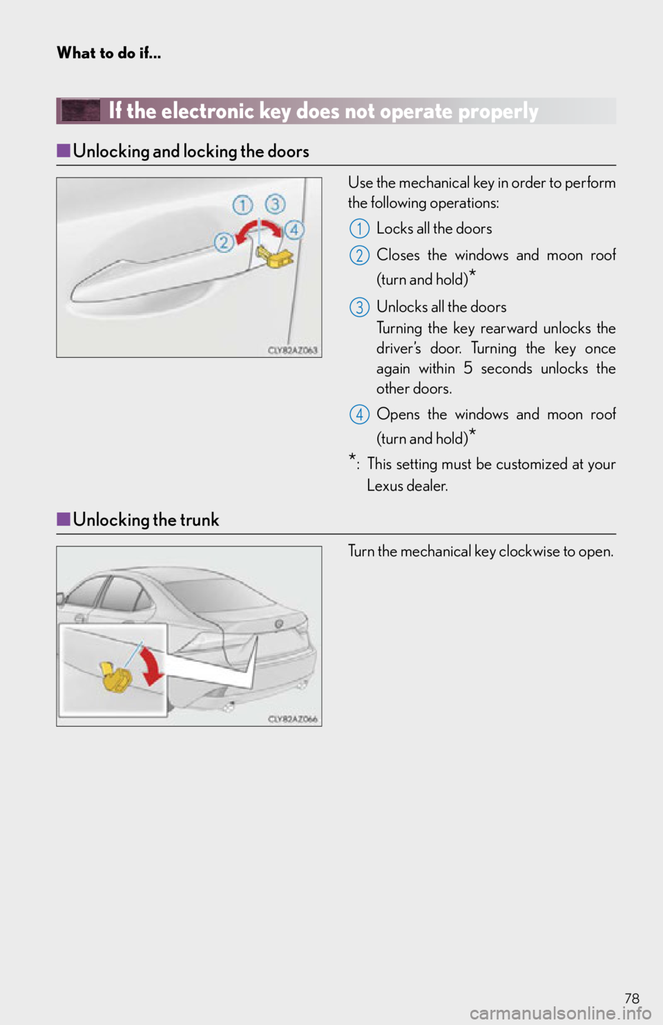 Lexus IS250 2015  Opening the fuel tank cap / LEXUS 2015 IS250,IS350 OWNERS MANUAL QUICK GUIDE (OM53C80U) 78
What to do if...
If the electronic key does not operate properly
■Unlocking and locking the doors
Use the mechanical key in order to perform 
the following operations:
Locks all the doors
Closes 