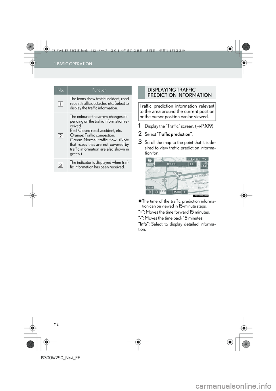 Lexus IS250 2014  Navigation Manual 112
1. BASIC OPERATION
IS300h/250_Navi_EE
1Display the “Traffic” screen. (→P.109)
2Select “Traffic prediction”.
3Scroll the map to the point that it is de-
sired to view traffic prediction i