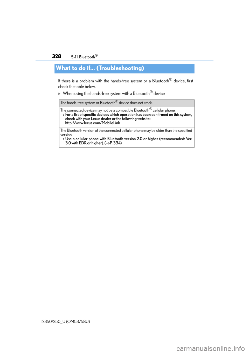 Lexus IS250 2014  Warranty and Services Guide / LEXUS 2014 IS250,IS350 OWNERS MANUAL (OM53758U) 328
IS350/250_U (OM53758U)5-11. Bluetooth
®
If there is a problem with the hands-free system or a Bluetooth® device, first
check the table below.
When using the hands-free system with a Bluetooth