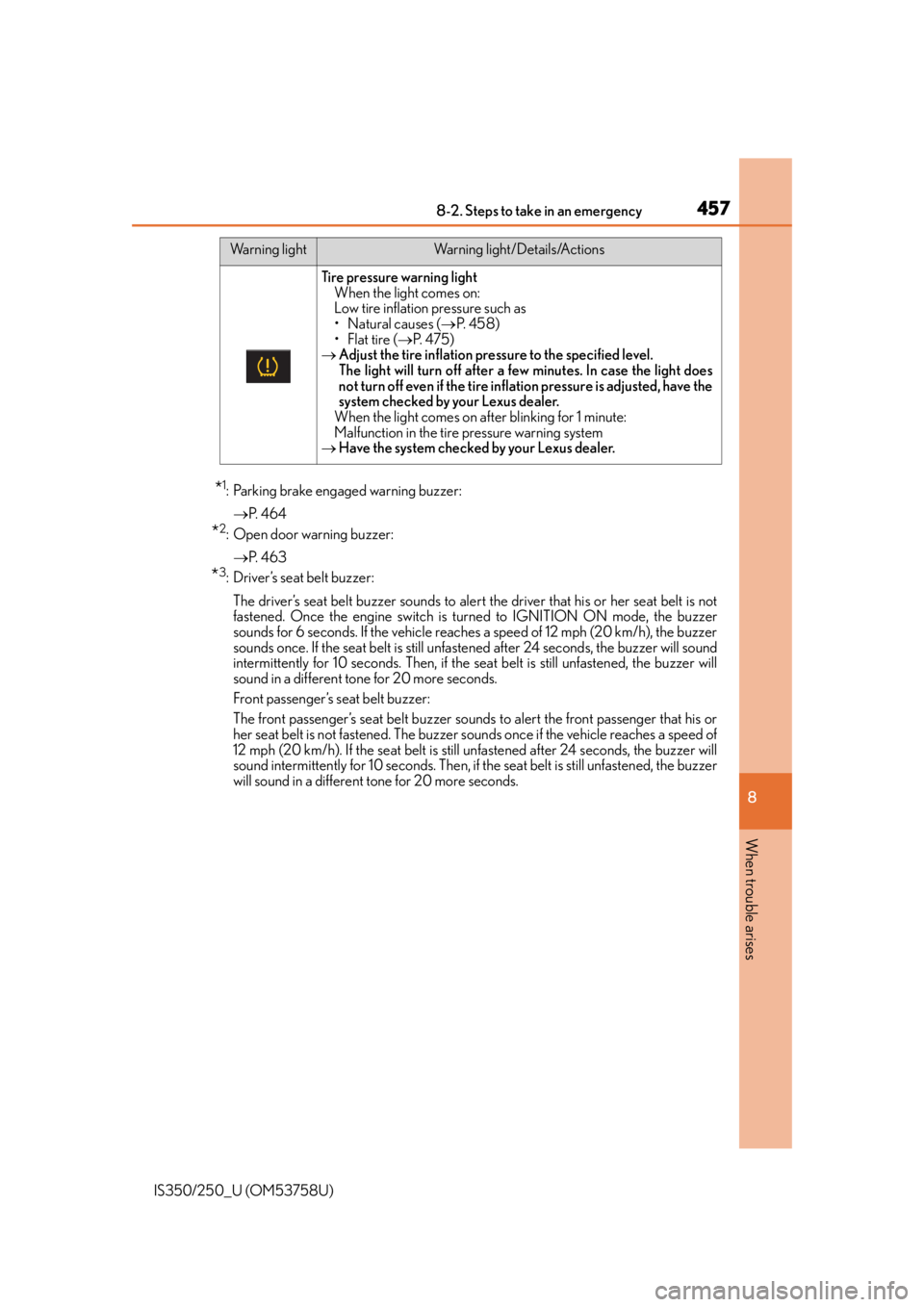 Lexus IS250 2014 Warranty and Services Guide / LEXUS 2014 IS250,IS350 OWNERS MANUAL (OM53758U) 4578-2. Steps to take in an emergency
8
When trouble arises
IS350/250_U (OM53758U)
*1: Parking brake engaged warning buzzer: P. 4 6 4
*2: Open door warning buzzer:
P. 4 6 3
*3: Driver’s sea Lexus IS250 2014 Warranty and Services Guide / LEXUS 2014 IS250,IS350 OWNERS MANUAL (OM53758U) 4578-2. Steps to take in an emergency
8
When trouble arises
IS350/250_U (OM53758U)
*1: Parking brake engaged warning buzzer: P. 4 6 4
*2: Open door warning buzzer:
P. 4 6 3
*3: Driver’s sea