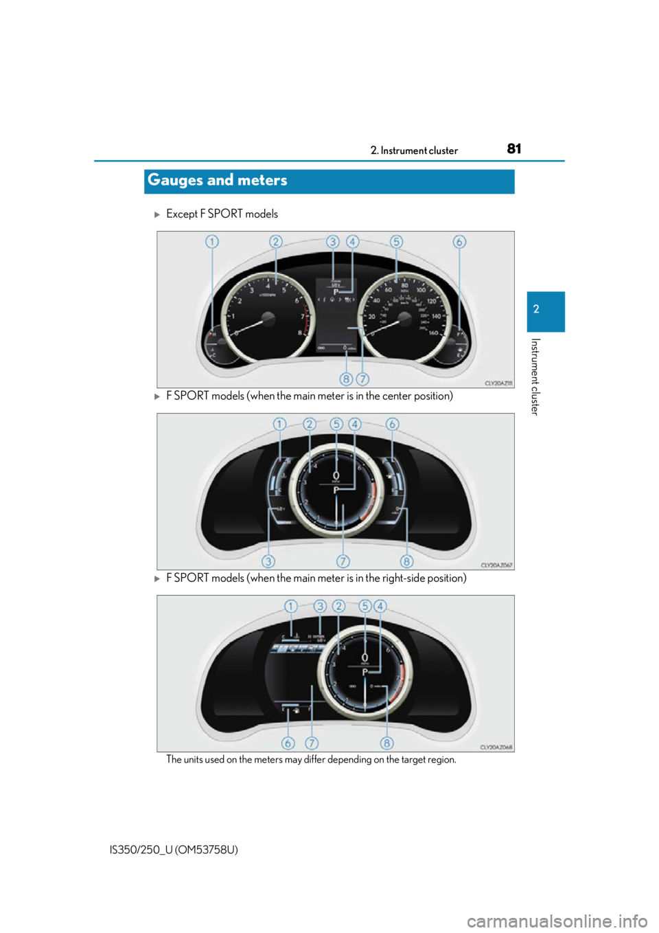 Lexus IS250 2014  Warranty and Services Guide / LEXUS 2014 IS250,IS350 OWNERS MANUAL (OM53758U) 812. Instrument cluster
2
Instrument cluster
IS350/250_U (OM53758U)
Except F SPORT models
F SPORT models (when the main meter is in the center position)
F SPORT models (when the main meter is