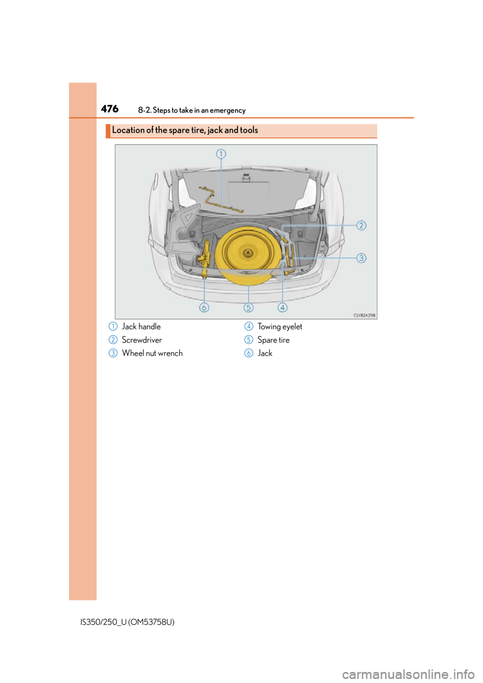 Lexus IS250 2014  Steering wheel / LEXUS 2014 IS250,IS350 OWNERS MANUAL (OM53758U) 4768-2. Steps to take in an emergency
IS350/250_U (OM53758U)
Location of the spare tire, jack and tools
Jack handle
Screwdriver
Wheel nut wrenchTowing eyelet
Spare tire
Jack1
2
3
4
5
6 