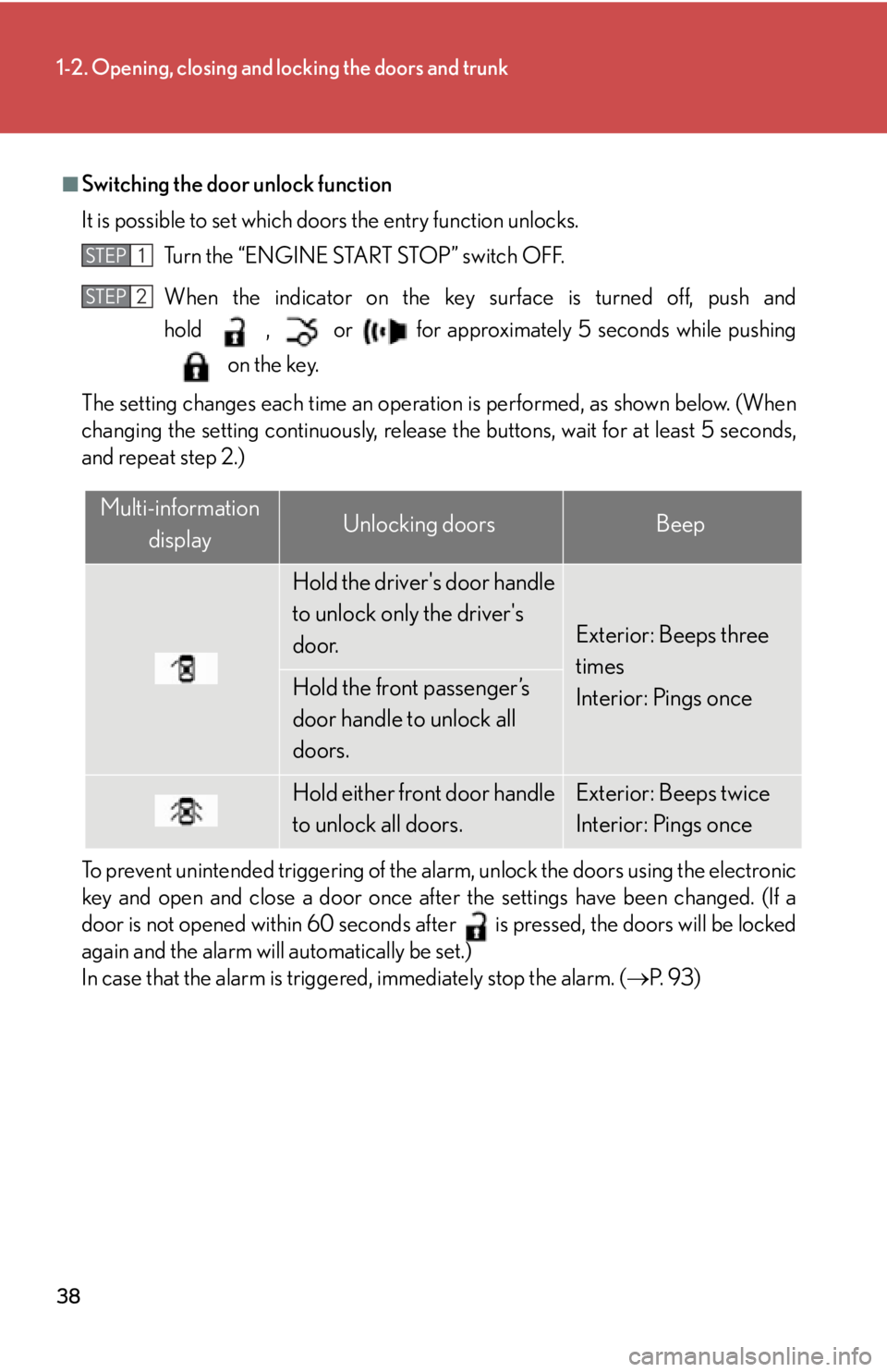 Lexus IS250 2013 Using the Bluetooth audio system / LEXUS 2013 IS250,IS350 OWNERS MANUAL (OM53B64U) 38
1-2. Opening, closing and locking the doors and trunk
■Switching the door unlock function
It is possible to set which doors the entry function unlocks. Turn the “ENGINE START STOP” switch OFF Lexus IS250 2013 Using the Bluetooth audio system / LEXUS 2013 IS250,IS350 OWNERS MANUAL (OM53B64U) 38
1-2. Opening, closing and locking the doors and trunk
■Switching the door unlock function
It is possible to set which doors the entry function unlocks. Turn the “ENGINE START STOP” switch OFF