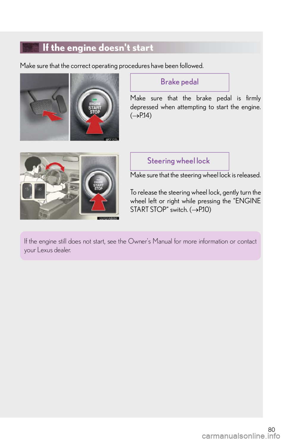 Lexus IS250 2013  Using the Bluetooth audio system / LEXUS 2013 IS250,IS350 QUICK GUIDE OWNERS MANUAL (OM53B68U) 80
If the engine doesnt start
Make sure that the correct operating procedures have been followed.Make sure that the brake pedal is firmly
depressed when attempting to start the engine.
( P.1 4 )
M