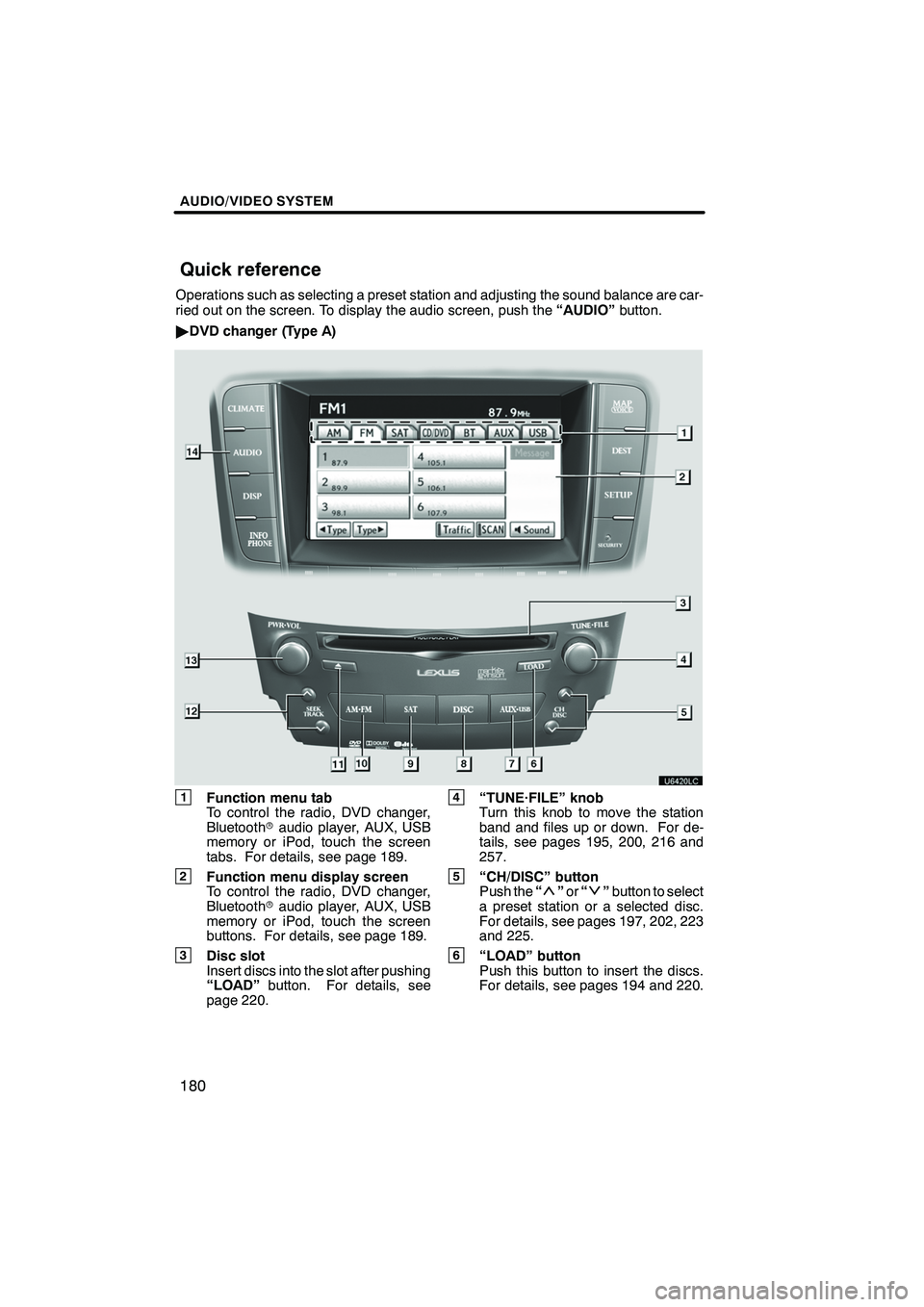 Lexus IS250 2012 Navigation Manual AUDIO/VIDEO SYSTEM
180
Operations such as selecting a preset station and adjusting the sound balance are car-
ried out on the screen. To display the audio screen, push the“AUDIO”button.
" DVD chan Lexus IS250 2012 Navigation Manual AUDIO/VIDEO SYSTEM
180
Operations such as selecting a preset station and adjusting the sound balance are car-
ried out on the screen. To display the audio screen, push the“AUDIO”button.
" DVD chan