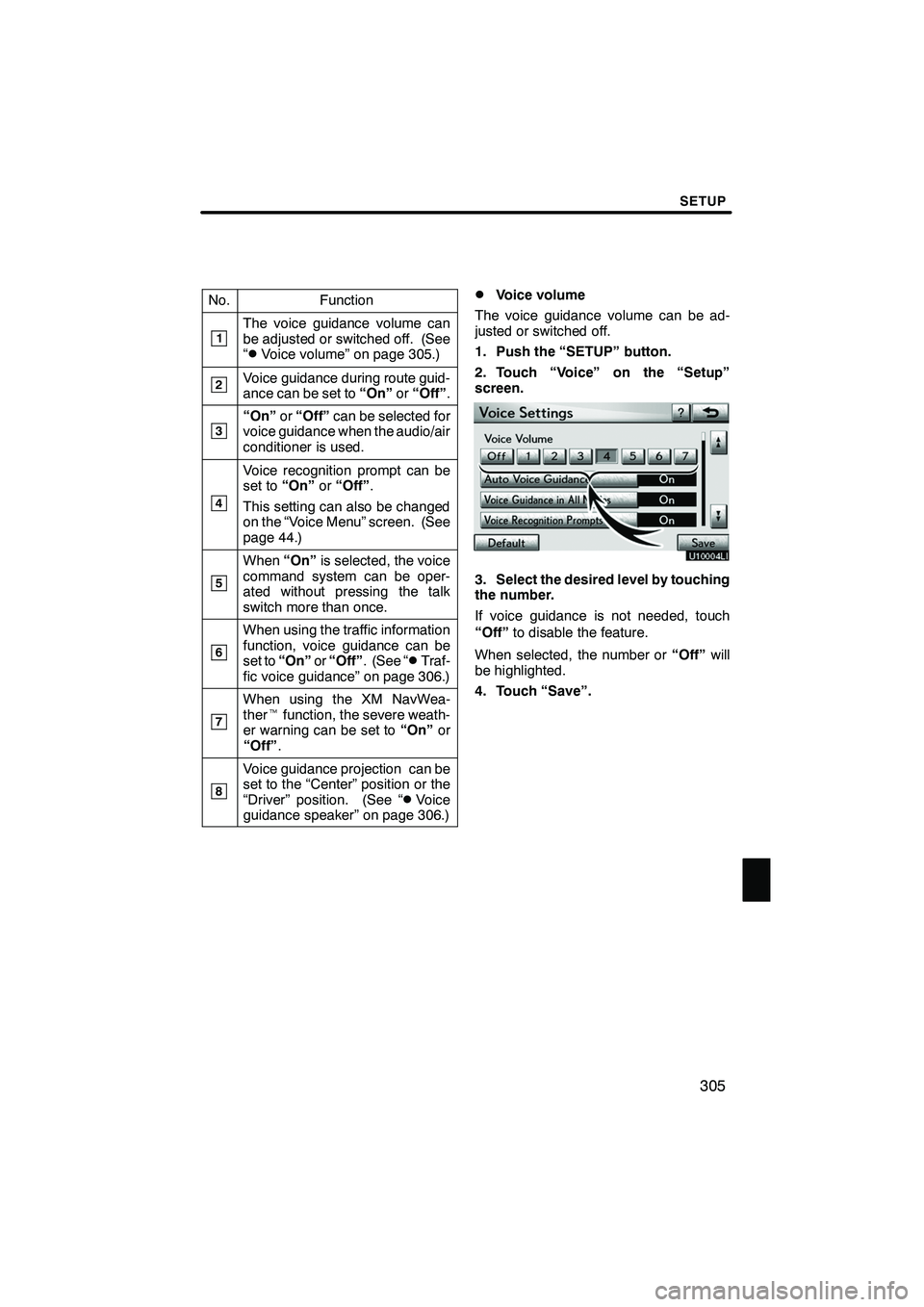 Lexus IS250 2012  Navigation Manual SETUP
305
No.Function
1The voice guidance volume can
be adjusted or switched off. (See
“
DVoice volume” on page 305.)
2Voice guidance during route guid-
ance can be set to“On”or“Off” .
3