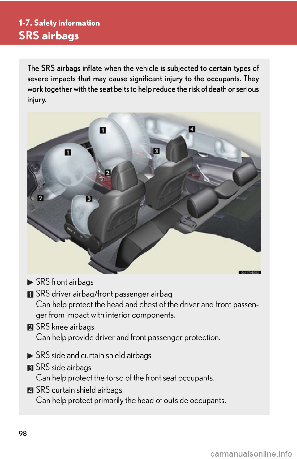 Lexus IS250 2012  Instrument cluster / LEXUS 2012 IS250,IS350 OWNERS MANUAL (OM53A87U) 98
1-7. Safety information
SRS airbags
The SRS airbags inflate when the vehicle is subjected to certain types of
severe impacts that may cause significant injury to the occupants. They
work together w