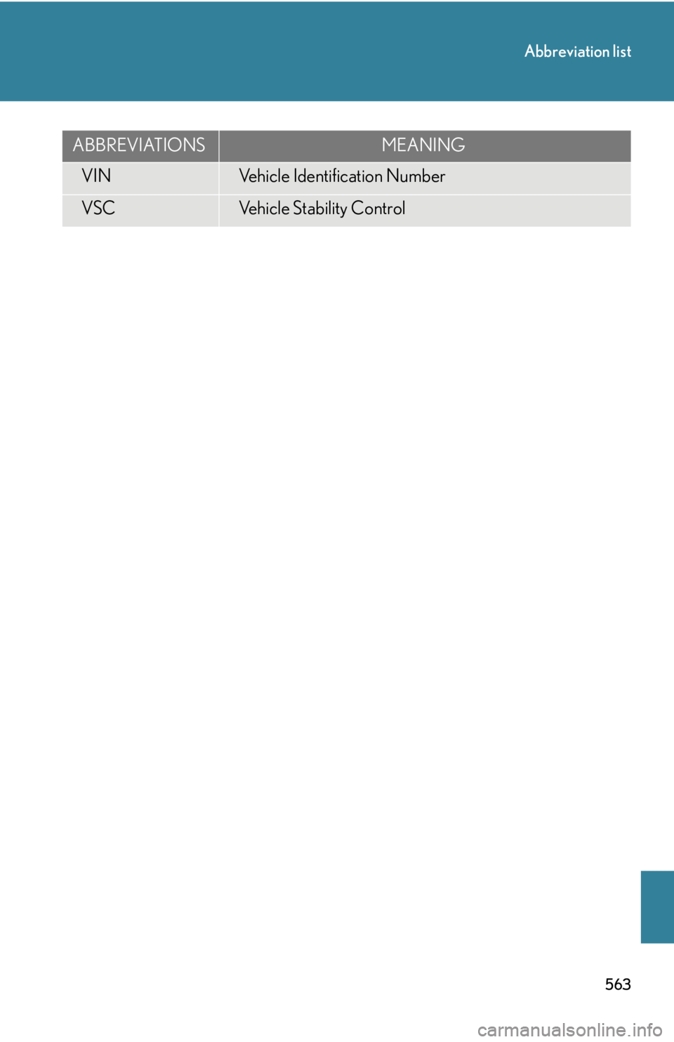 Lexus IS250 2011  Using The Audio System / LEXUS 2011 IS250/IS350 OWNERS MANUAL (OM53839U) 563
Abbreviation list
VINVehicle Identification Number
VSCVehicle Stability Control
ABBREVIATIONSMEANING 