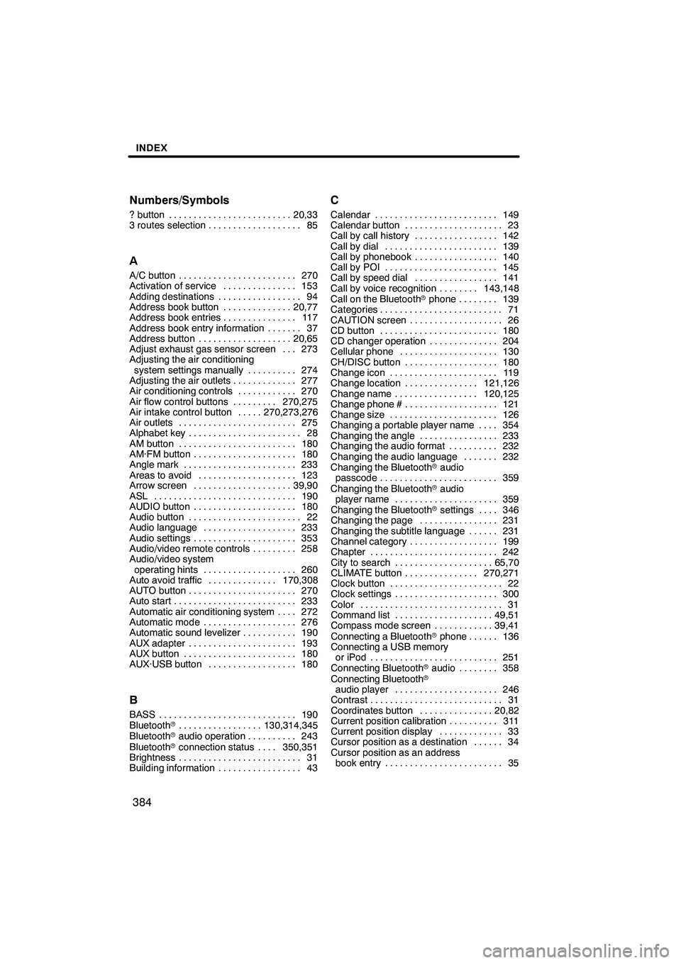 Lexus IS250 2010  Navigation Manual INDEX
384
Numbers/Symbols
? button
20,33
.........................
3 routes selection 85 ...................
A
A/C button 270
........................
Activation of service 153
...............
Adding 