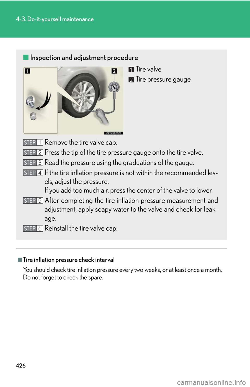 Lexus IS250 2010  Do-It-Yourself Maintenance / LEXUS 2010 IS350 IS250 OWNERS MANUAL (OM53A23U) 426
4-3. Do-it-yourself maintenance
■Tire inflation pressure check interval
You should check tire inflation pressure every two weeks, or at least once a month.
Do not forget to check the spare.
■I