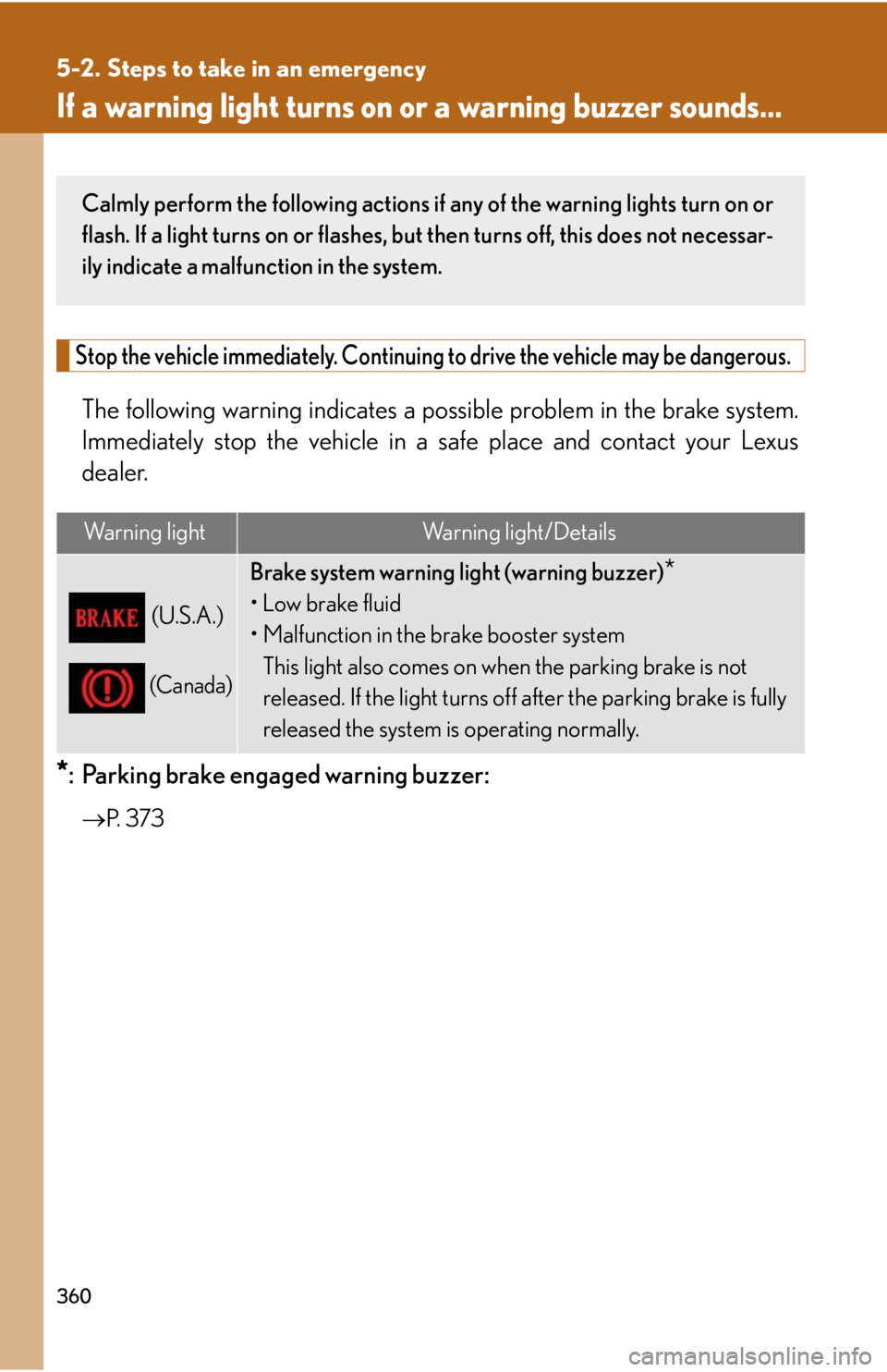 Lexus IS250 2008  Safety information / LEXUS 2008 IS250 OWNERS MANUAL (OM53699U) 360
5-2. Steps to take in an emergency
If a warning light turns on or a warning buzzer sounds...
Stop the vehicle immediately. Continuing  to drive the vehicle may be dangerous.
The following warning 