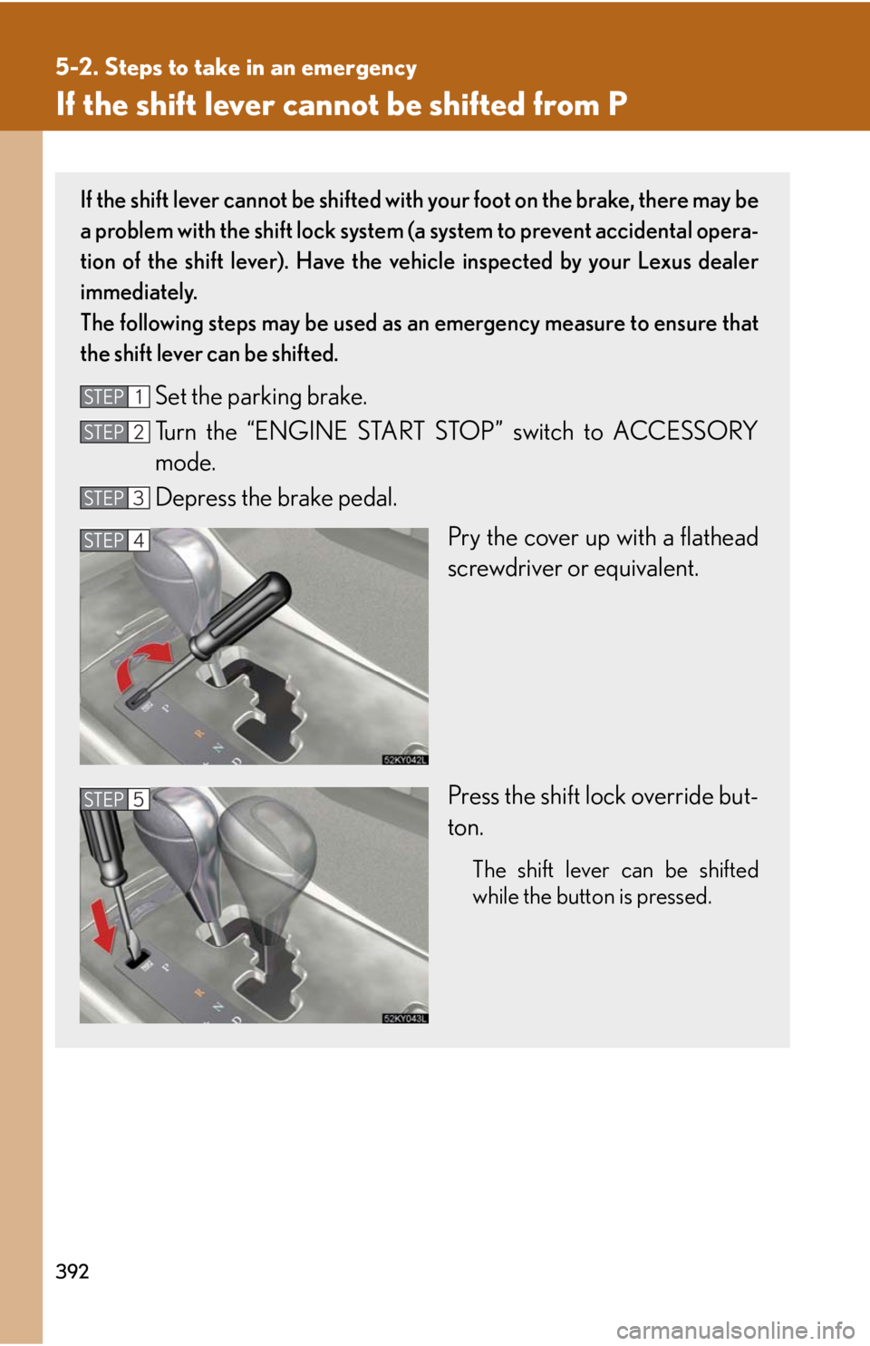 Lexus IS250 2008  Safety information / LEXUS 2008 IS250 OWNERS MANUAL (OM53699U) 392
5-2. Steps to take in an emergency
If the shift lever cannot be shifted from P
If the shift lever cannot be shifted with your foot on the brake, there may be
a problem with the shift lock system (