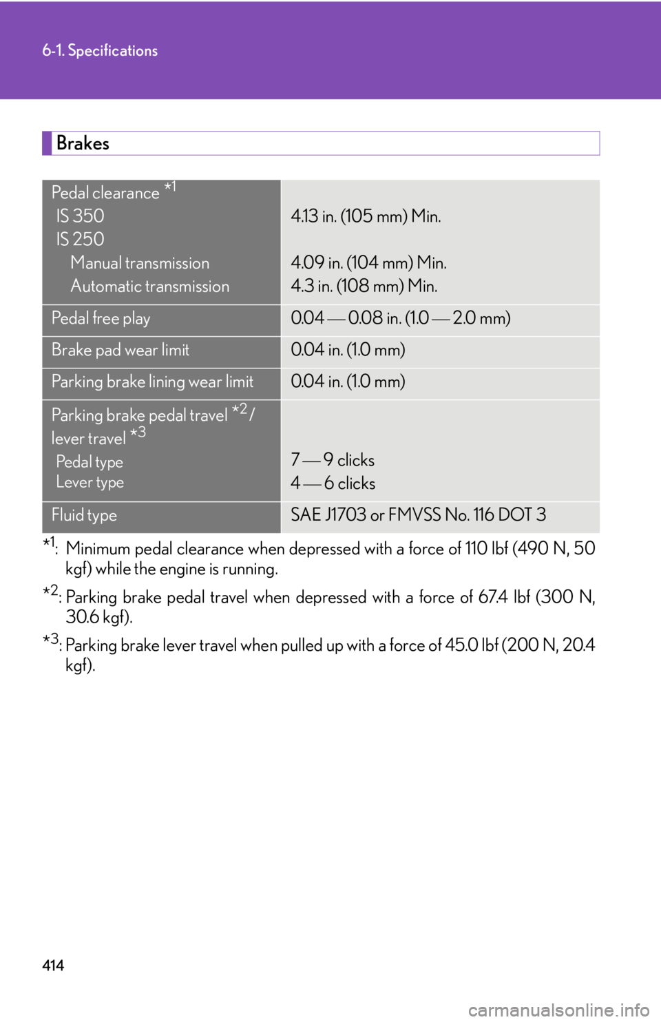 Lexus IS250 2008  Safety information / LEXUS 2008 IS250 OWNERS MANUAL (OM53699U) 414
6-1. Specifications
Brakes
*1: Minimum pedal clearance when depressed with a force of 110 lbf (490 N, 50kgf) while the engine is running.
*2: Parking brake pedal travel when depressed with a force