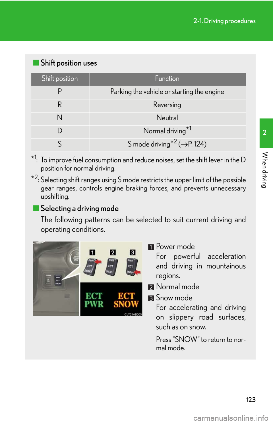 Lexus IS250 2008  Air Conditioning / LEXUS 2008 IS250 OWNERS MANUAL (OM53699U) 123
2-1. Driving procedures
2
When driving
■Shift position uses
*1: To improve fuel consumption and reduce noises, set the shift lever in the D
position for normal driving.
*2: Selecting shift range