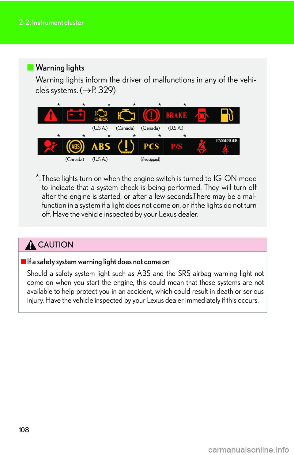 Lexus IS250 2006  Do-it-yourself maintenance / LEXUS 2006 IS350/250 THROUGH APRIL 2006 PROD. OWNERS MANUAL (OM53508U) 108
2-2. Instrument cluster
CAUTION
■If a safety system warning light does not come on 
Should a safety system light such as ABS and the SRS airbag warning light not
come on when you start the engin