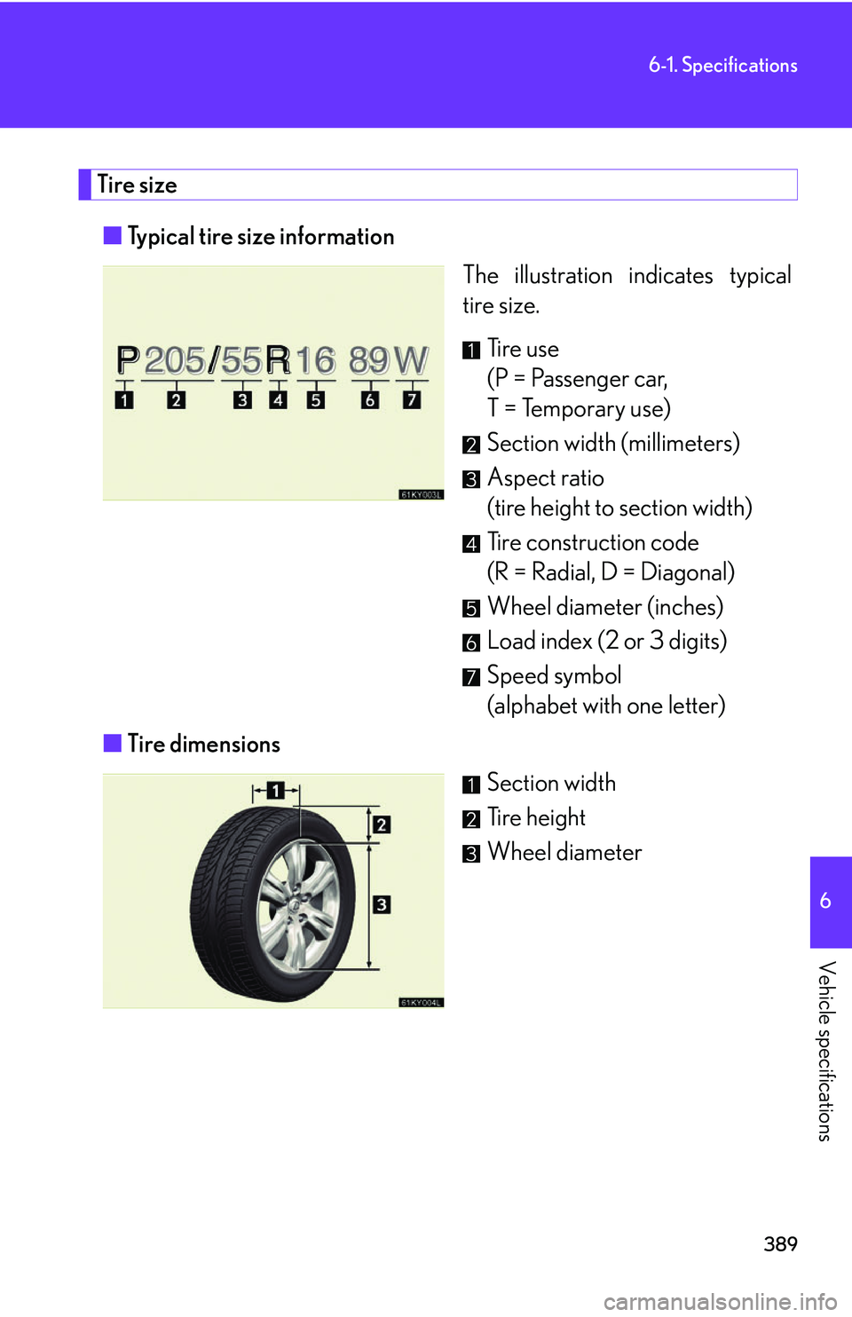 Lexus IS250 2006  Do-it-yourself maintenance / LEXUS 2006 IS350/250 THROUGH APRIL 2006 PROD. OWNERS MANUAL (OM53508U) 389
6-1. Specifications
6
Vehicle specifications
Tire size■ Typical tire size information
The illustration indicates typical
tire size.
Ti r e  u s e
(P = Passenger car, 
T = Temporary use)
Section 