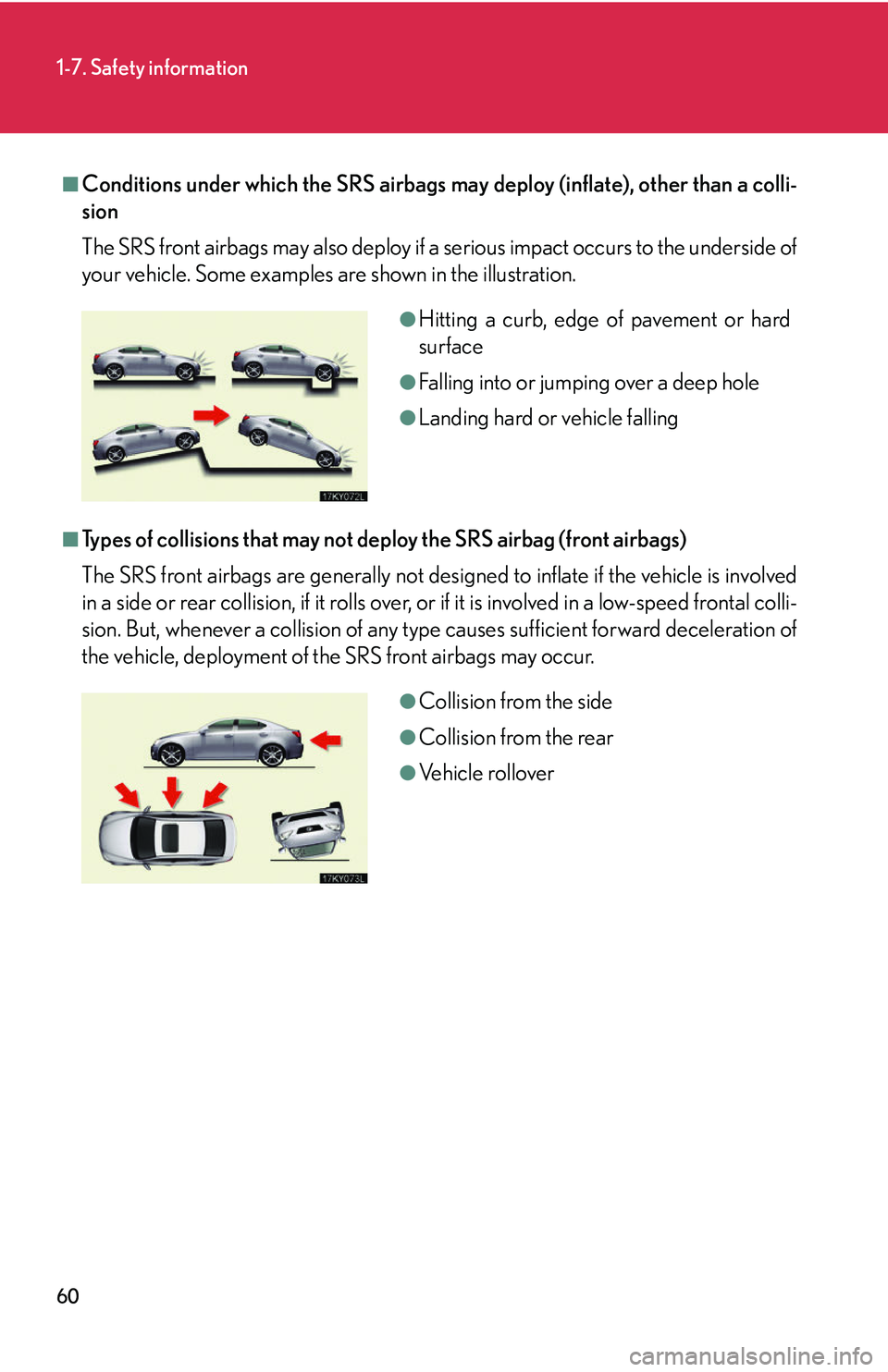 Lexus IS250 2006  Do-it-yourself maintenance / LEXUS 2006 IS350/250 THROUGH APRIL 2006 PROD. OWNERS MANUAL (OM53508U) 60
1-7. Safety information
■Conditions under which the SRS airbags may deploy (inflate), other than a colli-
sion
The SRS front airbags may also deploy if a serious impact occurs to the underside of