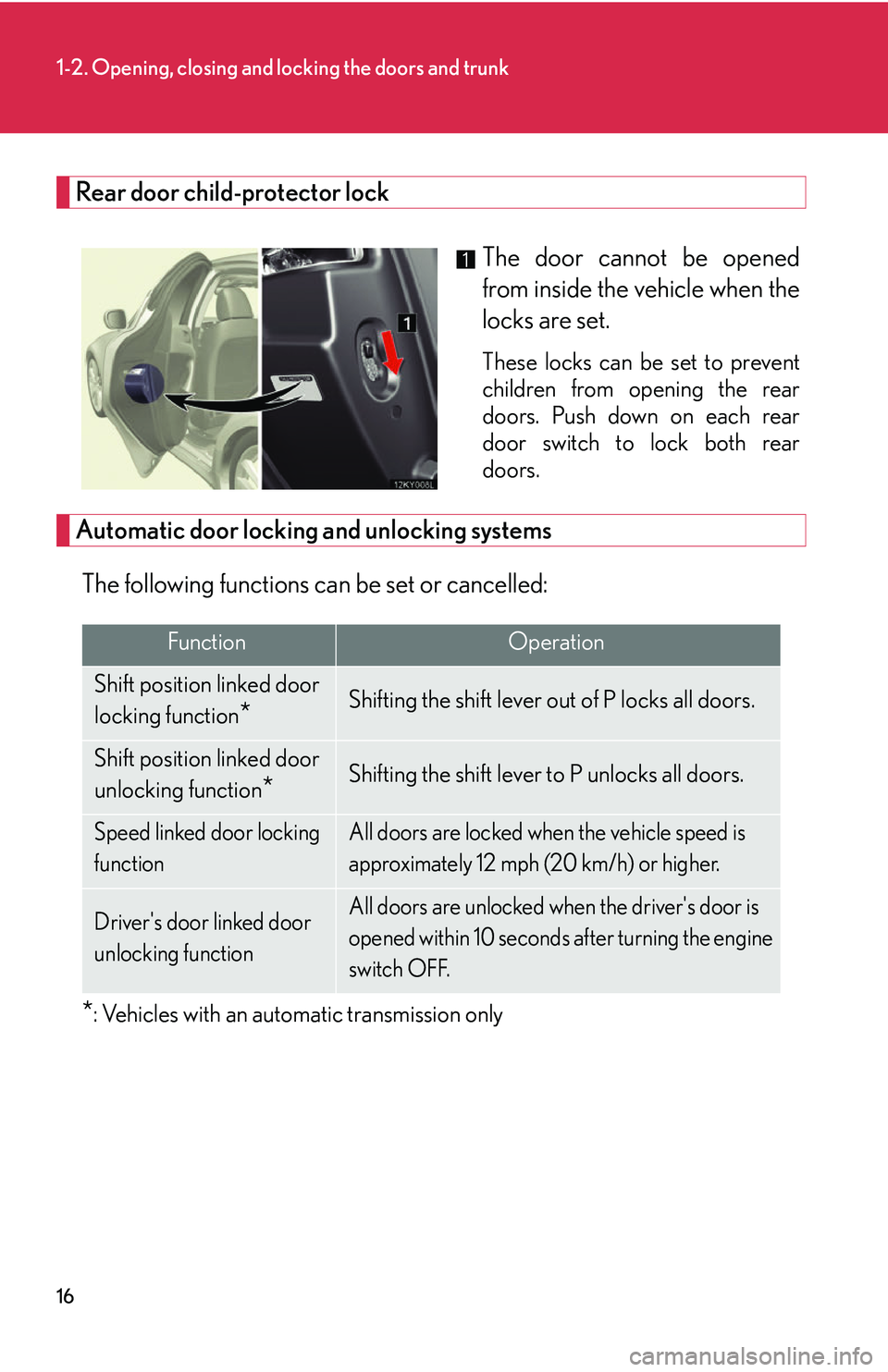Lexus IS250 2006  Instrument cluster / LEXUS 2006 IS350/250 THROUGH APRIL 2006 PROD. OWNERS MANUAL (OM53508U) 16
1-2. Opening, closing and locking the doors and trunk
Rear door child-protector lockThe door cannot be opened
from inside the vehicle when the
locks are set.
These locks can be set to prevent
child