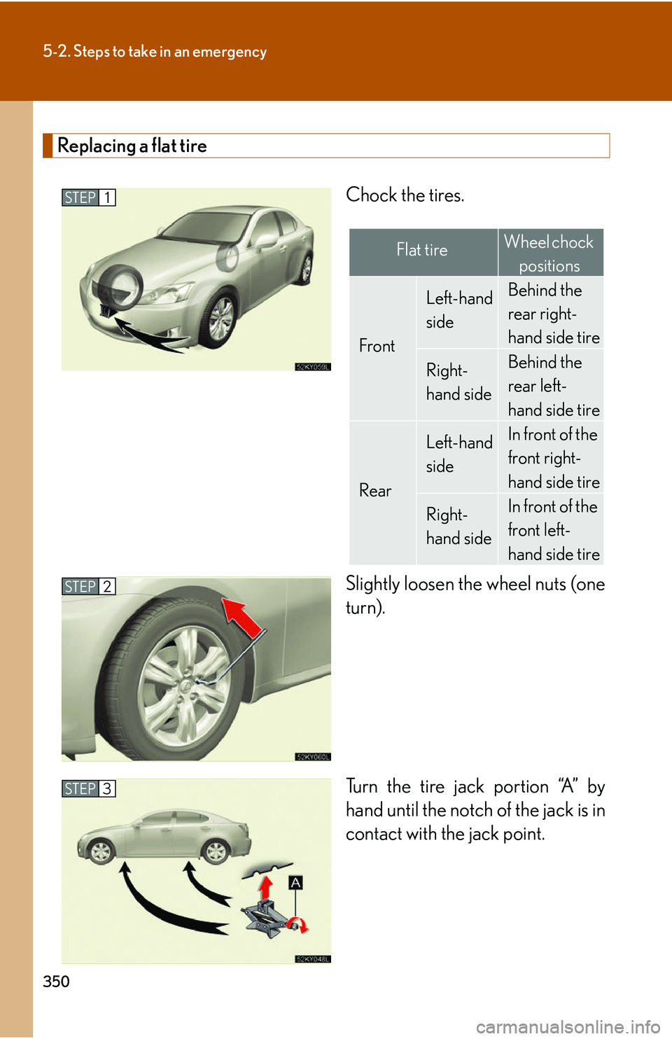 Lexus IS250 2006  Instrument cluster / LEXUS 2006 IS350/250 THROUGH APRIL 2006 PROD. OWNERS MANUAL (OM53508U) 350
5-2. Steps to take in an emergency
Replacing a flat tireChock the tires.
Slightly loosen the wheel nuts (one
turn).
Turn the tire jack portion “A” by
hand until the notch of the jack is in
con