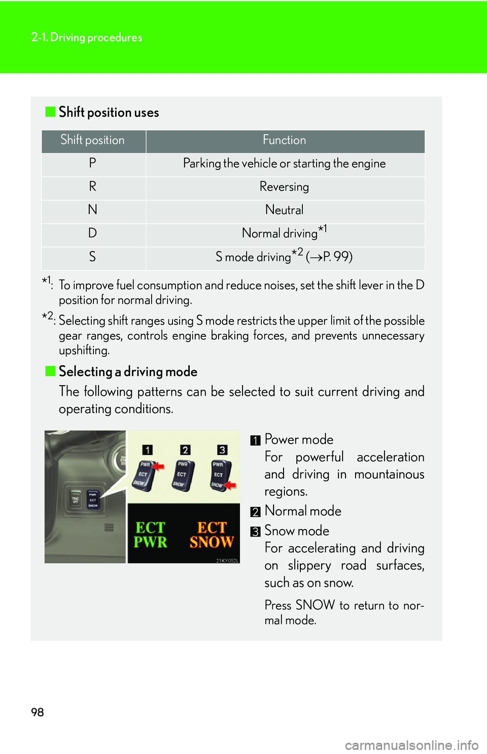 Lexus IS250 2006  Instrument cluster / LEXUS 2006 IS350/250 FROM MAY 2006 PROD. OWNERS MANUAL (OM53619U) 98
2-1. Driving procedures
■Shift position uses
*1: To improve fuel consumption and reduce noises, set the shift lever in the D
position for normal driving.
*2: Selecting shift ranges using S mode r