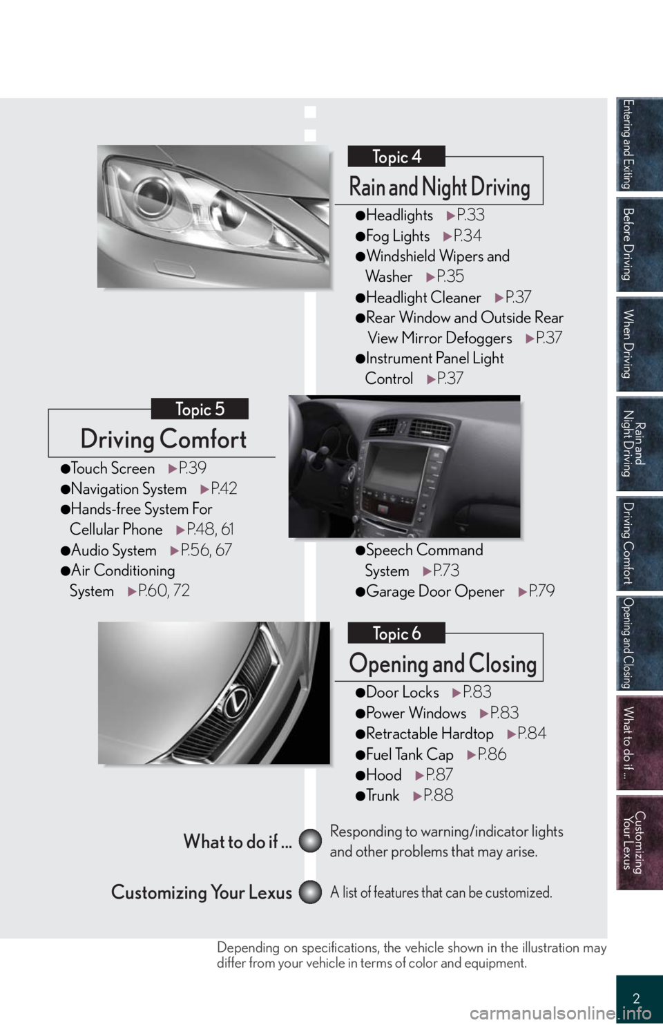 Lexus IS250C 2010 Do-It-Yourself Maintenance / LEXUS 2010 IS350C/250C QUICK GUIDE OWNERS MANUAL (OM53738U) Entering and Exiting
Before Driving
When Driving
Rain and
Night Driving
Driving Comfort
Opening and Closing
What to do if ...
Customizing
Yo u r L e x u s
2
Driving Comfort
Topic 5
Opening and Closi Lexus IS250C 2010 Do-It-Yourself Maintenance / LEXUS 2010 IS350C/250C QUICK GUIDE OWNERS MANUAL (OM53738U) Entering and Exiting
Before Driving
When Driving
Rain and
Night Driving
Driving Comfort
Opening and Closing
What to do if ...
Customizing
Yo u r L e x u s
2
Driving Comfort
Topic 5
Opening and Closi