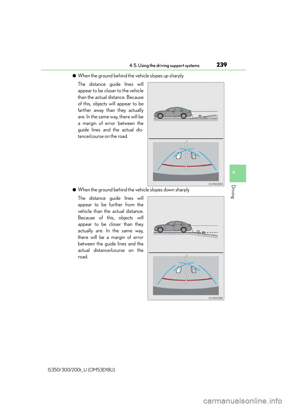 Lexus IS300 2016  Quick Guide / LEXUS 2016 IS200T,IS300,IS350 OWNERS MANUAL (OM53D18U) 2394-5. Using the driving support systems
4
Driving
IS350/300/200t_U (OM53D18U)
●When the ground behind the vehicle slopes up sharply
The distance guide lines will
appear to be closer to the vehicle