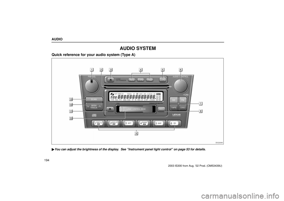 Lexus IS300 2003  Engine / LEXUS 2003 IS300 OWNERS MANUAL (OM53439U) AUDIO
194
AUDIO SYSTEM
Quick reference for your audio system (Type A)
SV22049
You can adjust the brightness of the display.  See ºInstrument panel light controlº on page 53 for details.
2003 IS300 