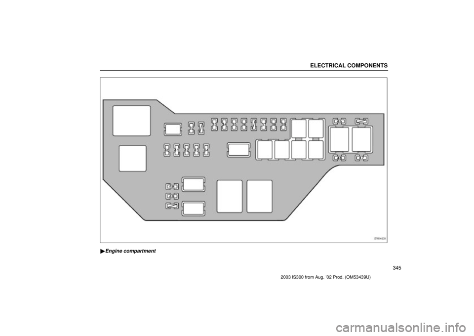 Lexus IS300 2003  Engine / LEXUS 2003 IS300 OWNERS MANUAL (OM53439U) ELECTRICAL COMPONENTS
345
SV64031
Engine compartment
2003 IS300 from Aug. 02 Prod. (OM53439U) 