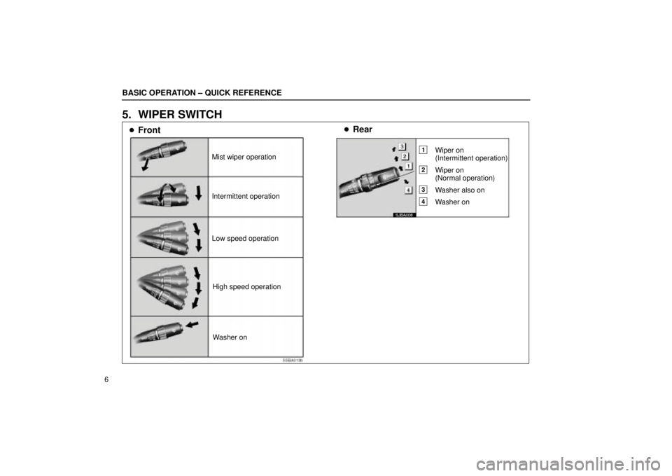 Lexus IS300 2002  Electrical Components / LEXUS 2002 IS300 WAGON OWNERS MANUAL (OM53423U) BASIC OPERATION ± QUICK REFERENCE
6
5. WIPER SWITCH
SSBA013b
SJBA006
Mist wiper operation
Intermittent operation
Low speed operationHigh speed operation
Washer on
 Front 
Rear
1Wiper on
(Intermitte