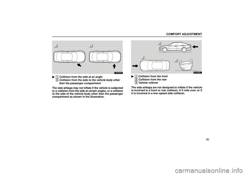 Lexus IS300 2002  Electrical Components / LEXUS 2002 IS300 SEDAN OWNERS MANUAL (OM9997X) COMFORT ADJUSTMENT
95
SS16044
 1Collision from the side at an angle
 2Collision from the side to the vehicle body other than the passenger compartment
The side airbags may not inflate if the vehicle 