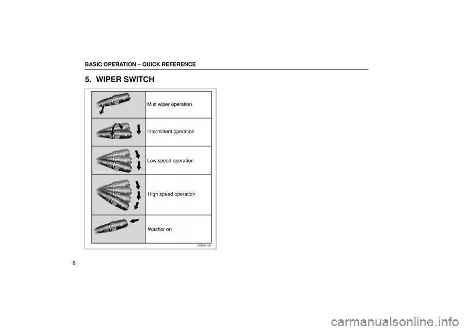 Lexus IS300 2002  Electrical Components / LEXUS 2002 IS300 SEDAN OWNERS MANUAL (OM9997X) BASIC OPERATION ± QUICK REFERENCE
6
5. WIPER SWITCH
SSBA013b
Mist wiper operation
Intermittent operation
Low speed operationHigh speed operation
Washer on 