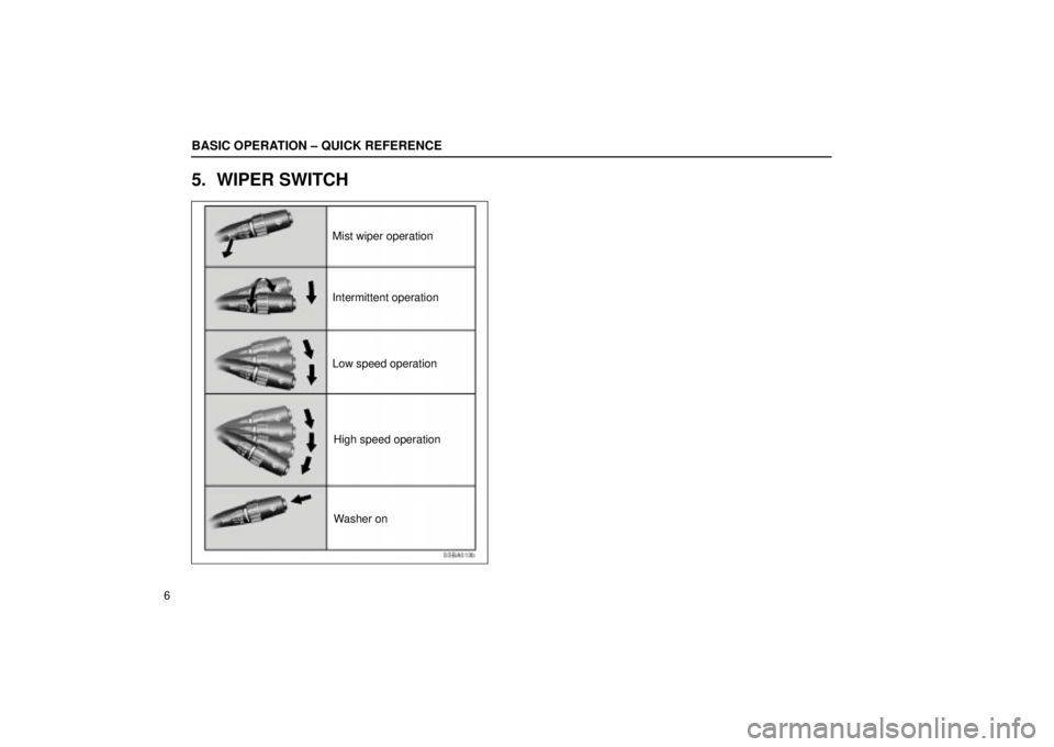 Lexus IS300 2001  Gauges, Meters And Service Reminder Indicators / LEXUS 2001 IS300 OWNERS MANUAL (OM53437) BASIC OPERATION ± QUICK REFERENCE
6
5. WIPER SWITCH
SSBA013b
Mist wiper operation
Intermittent operation
Low speed operationHigh speed operation
Washer on 