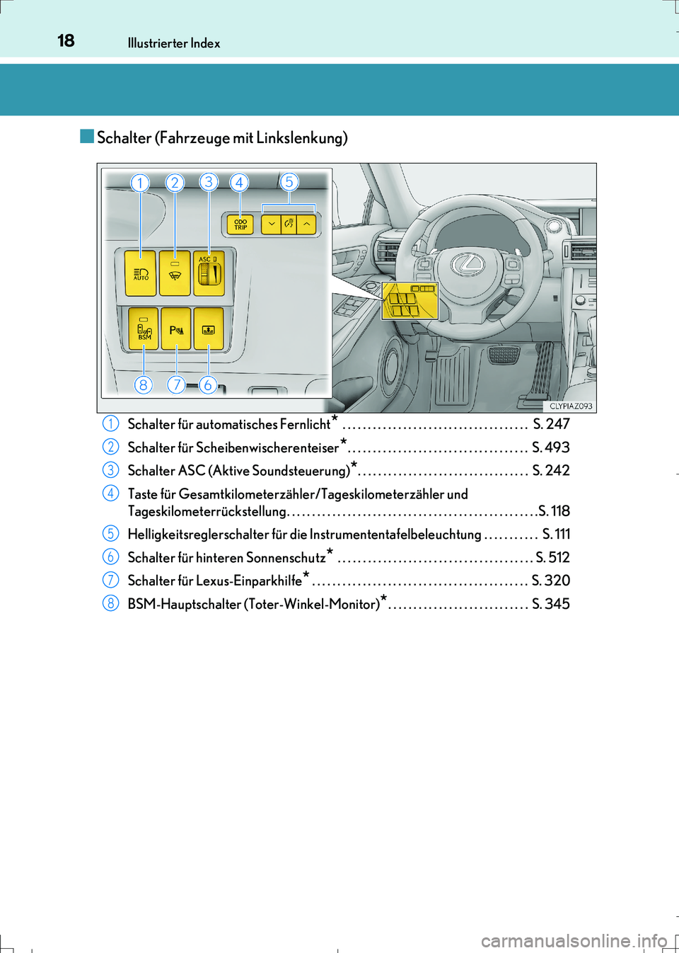 Lexus IS300h 2017 Betriebsanleitung (in German) 18Illustrierter Index
IS300h_EM(OM99K28M)
■Schalter (Fahrzeuge mit Linkslenkung)
Schalter für automatisches Fernlicht* . . . . . . . . . . . . . . . . . . . . . . . . . . . . . . . . . . . . . S. Lexus IS300h 2017 Betriebsanleitung (in German) 18Illustrierter Index
IS300h_EM(OM99K28M)
■Schalter (Fahrzeuge mit Linkslenkung)
Schalter für automatisches Fernlicht* . . . . . . . . . . . . . . . . . . . . . . . . . . . . . . . . . . . . . S.